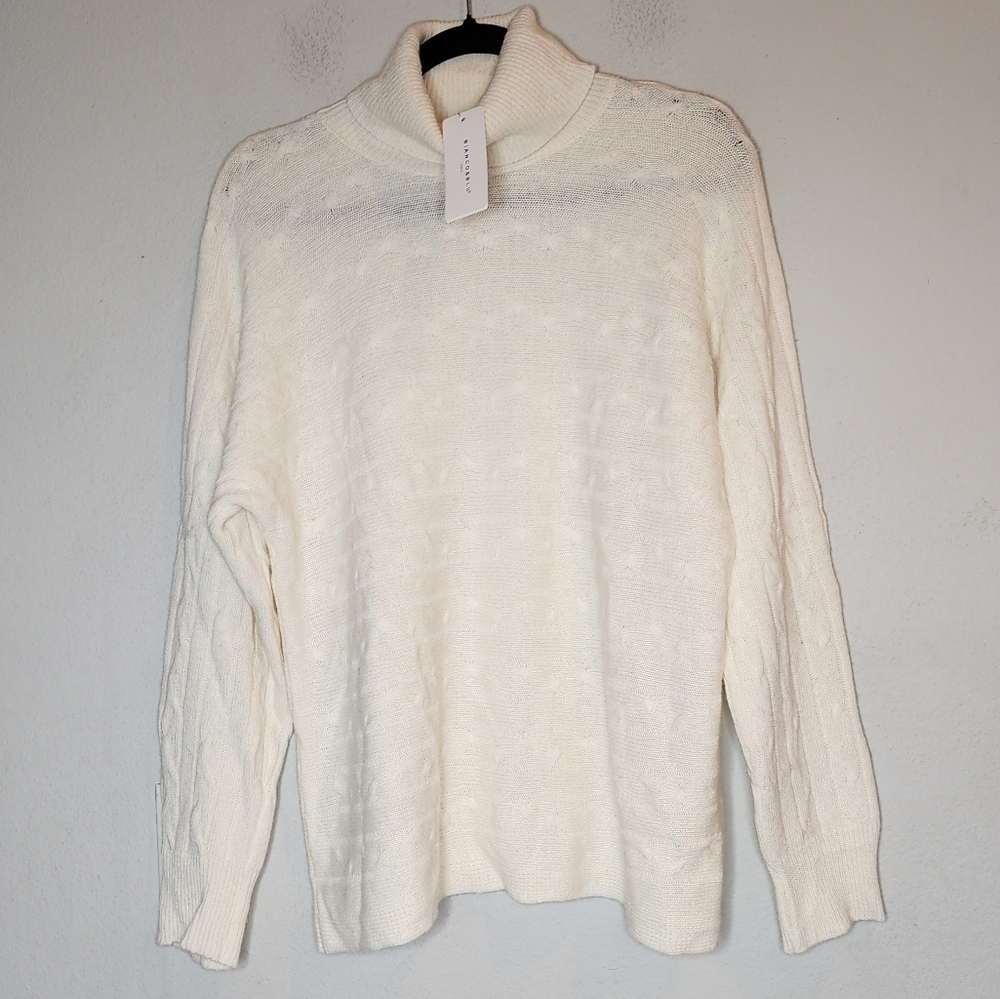 NWT Bianco & Blu‎ Cashmere Merino Wool Cable Knit Cream Sweater Small Oversized